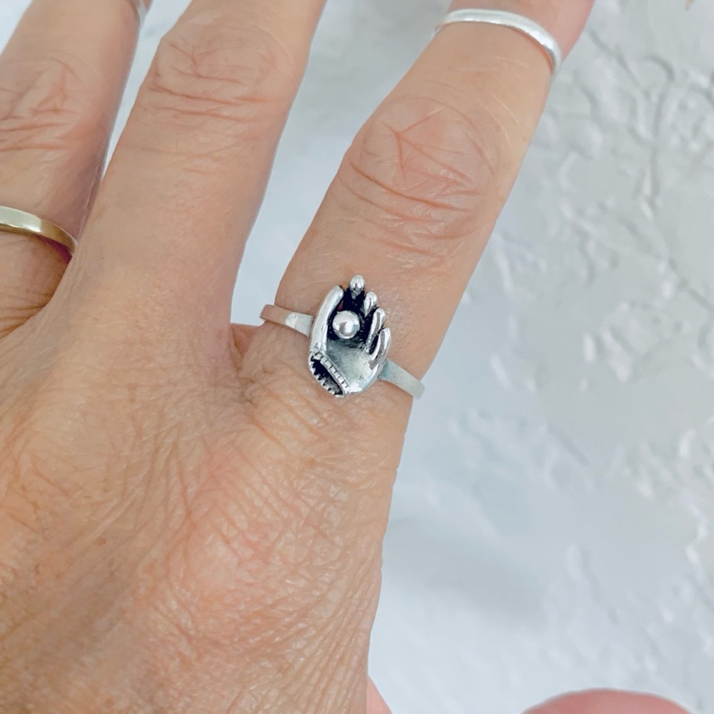 Sterling Silver Baseball and Glove Ring, Sports Rings, Baseball Mom, Catchers